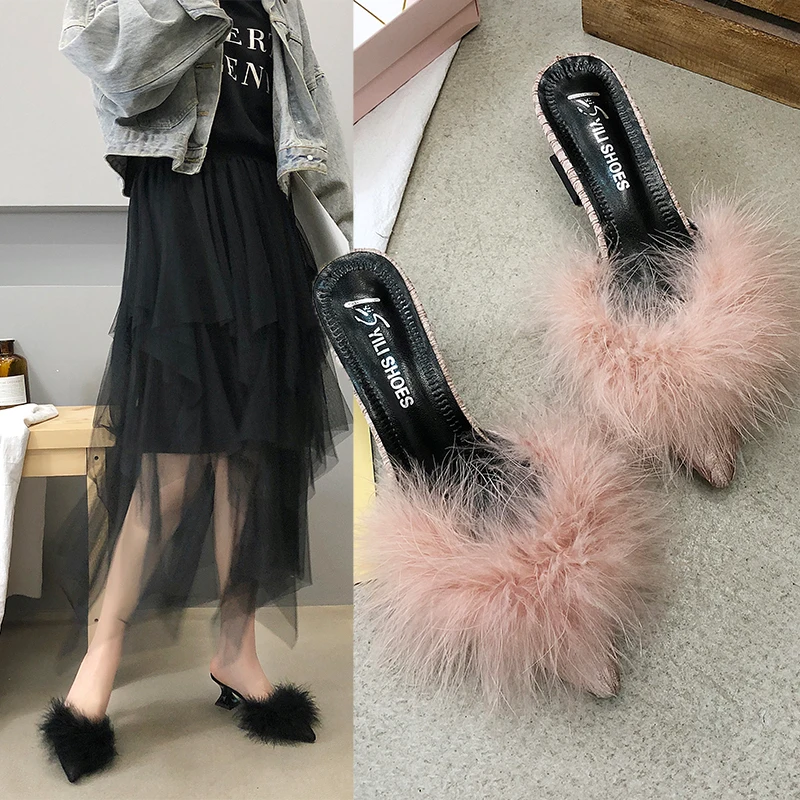 new women's set toe-shaped non-slip high heels fashion rubber bottom elastic cloth summer shallow fur shoes