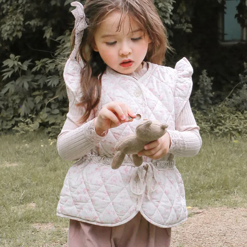Children Vest Children Vest Waistcoat for Girls Autumn and Winter Korean Fashion Floral Cotton Sweet Cute Solid Color Single Breasted