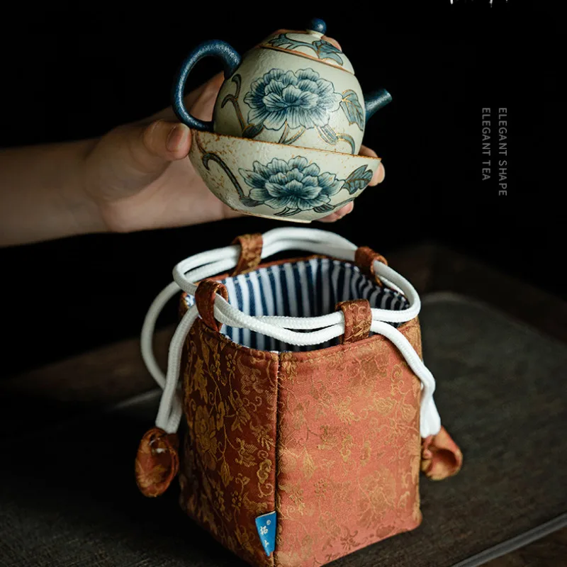 Blue And White Flint Red Travel Tea Set Kit Boutique Gold Drawing Peony Flower 1 Pot 1 Cup Tea Making Organizer Portable Bag