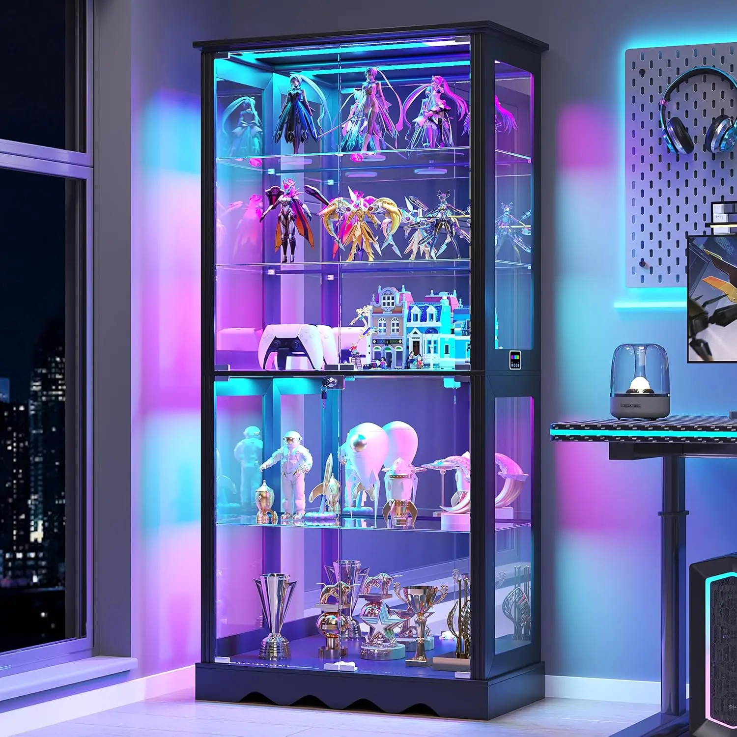 71" Tall Glass Display Cabinet with RGB Lights & Motion Sensor, 5-Tier Curio Case for Collectibles, Figures, Books-Black