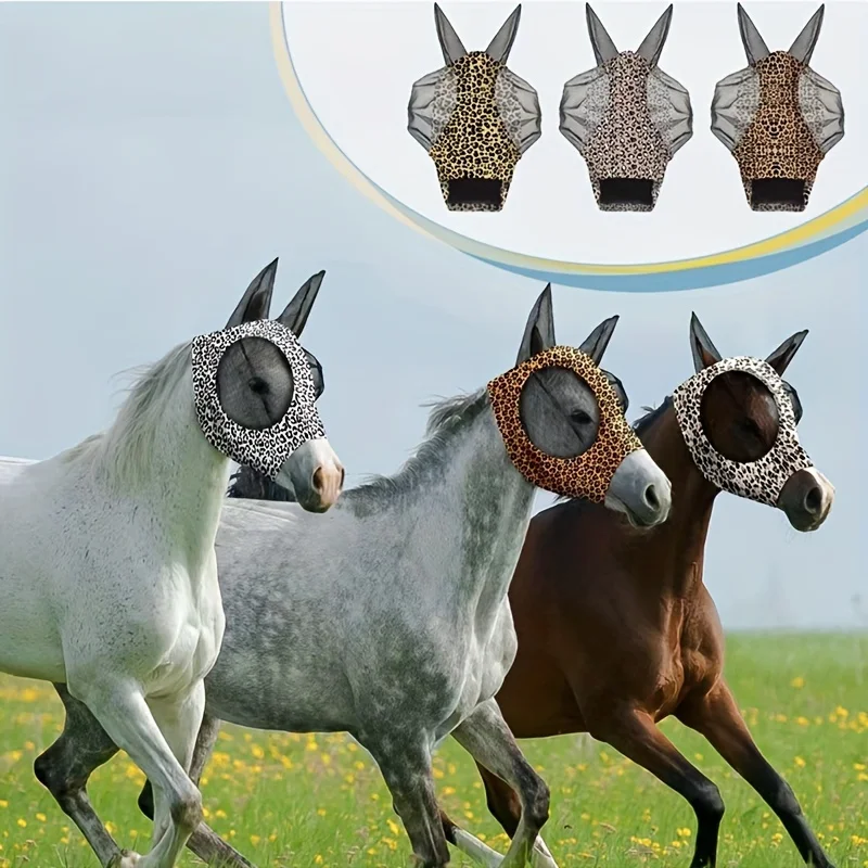 1pcs Leopard Print Horse Fly Masks with Ears - Comfortable, Elastic & Durable Riding Gear for Horses 6