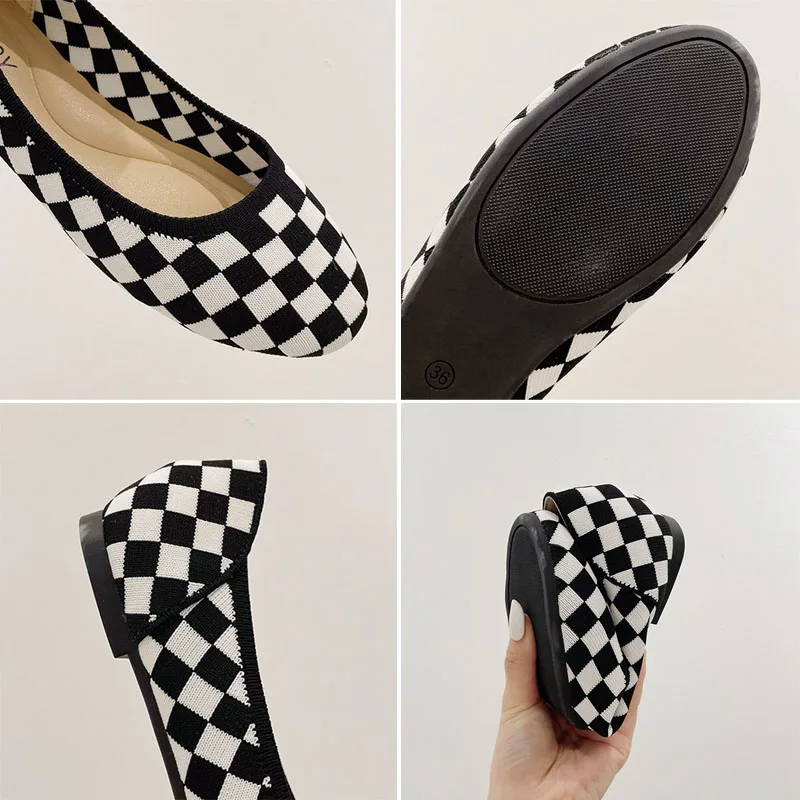 11 Colors Stretch Fabric Shoes Woman Knitted Loafers Breathable Checkered Flats Ladies Ballerinas Mocasines Femme Polyester Shoe 5