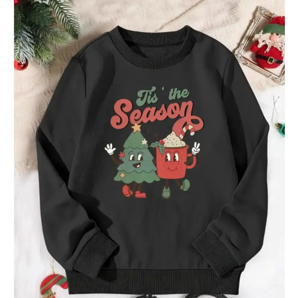 Christmas ''Tree & Cup'' Print Girls' Pullover Sweatshirts Holiday Casual Loose Long Sleeve Tops Fashion Female O-neck Clothes