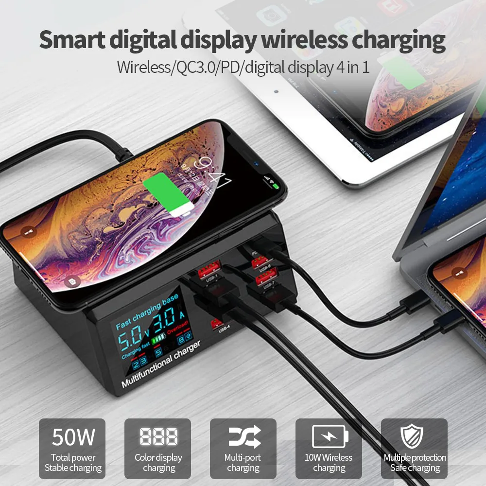 Intelligent LED Display Wireless Charger Dock QC 3.0 Fast Charging 8 Ports PD USB Chargers Desktop Adapter for iPhone and Tablet