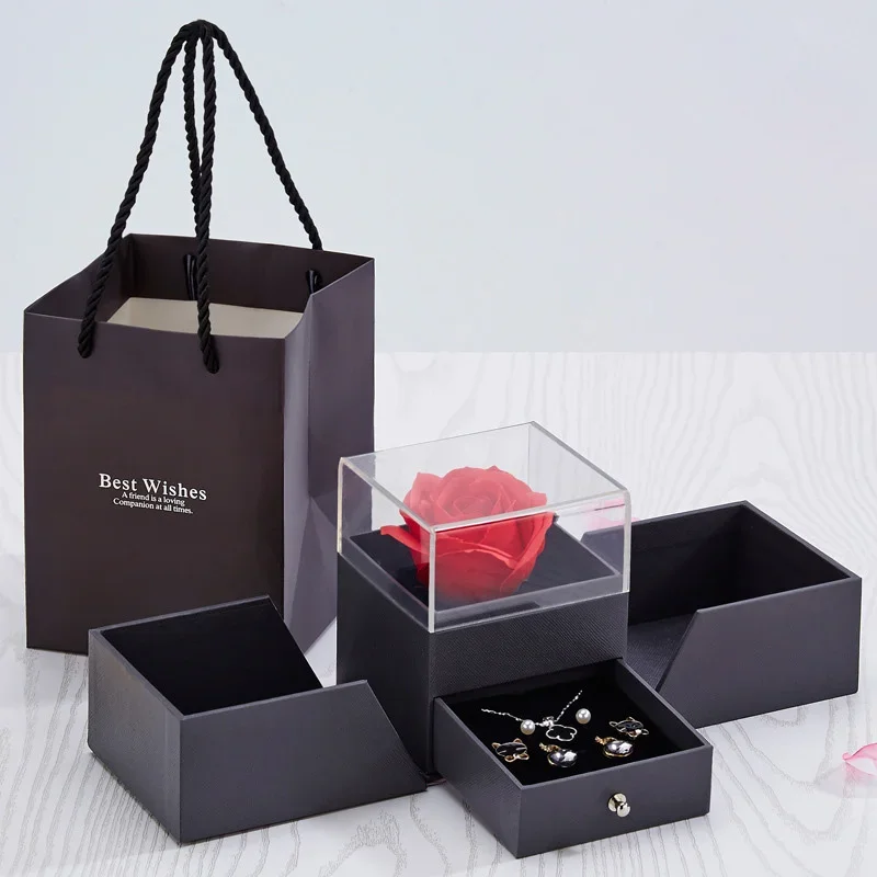 Immortal Rose Box Double Drawer Ring Stud Necklace Bracelet Surprise Box Valentine's Day Birthday Gift Packaging Box