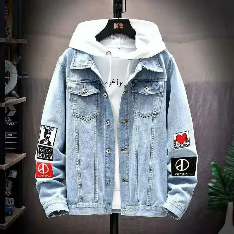 thumbnail image 1 of Abrigo vaquero para hombre, chaqueta vaquera de otoño de Corea, para hombre, color negro roto con agujero, ropa lavada a bajo precio, informal, de tela G, 1 of 5