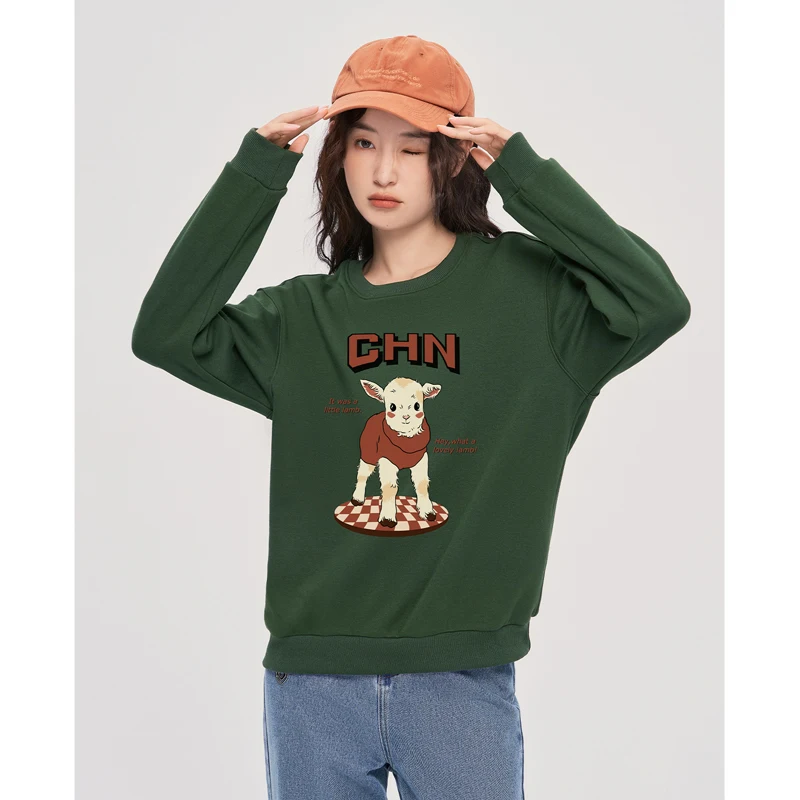 Toyouth Women Fleece Sweatshirt 2022 Winter Long Sleeve O Neck Loose Hoodie Vintage Sheep Print Warm Casual Streetwear Pullover