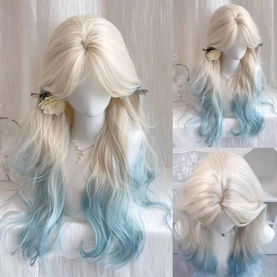 Synthetic Women Lolita Wavy Curly platinum Blue Mint Color Long Curly Hair Wigs With Bangs Cosplay Hair Wig For Daily Party ﻿