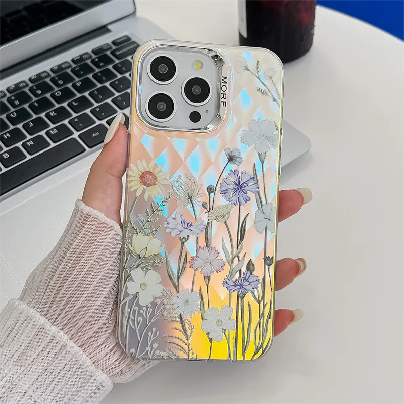 Coque de téléphone de luxe galvanisée à motif de fleur laser pour iPhone 16 15 14 13 Pro Max, coque arrière rigide antichoc en PC mat_voghion.com