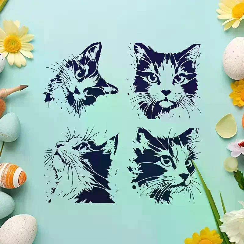 4개/세트 고양이 그림 스텐실, 귀여운 새끼 고양이 패턴이 있는 재사용 가능한 속이 빈 DIY 몰드, 나무 간판, 벽, 저널에 적합