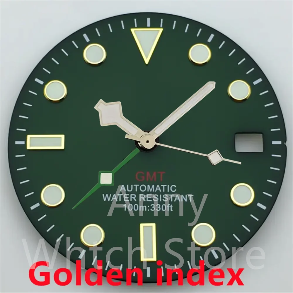 Green Luminous GMT Watch Dial with Four Hands - Premium 29mm Replacement Part