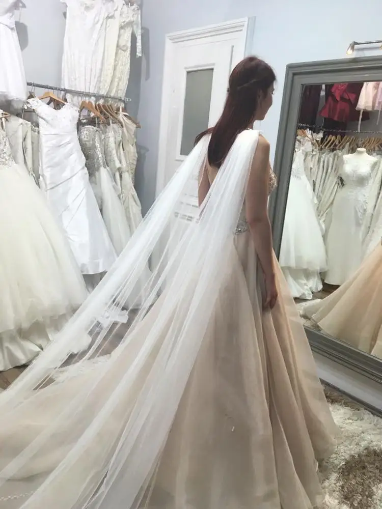 One Layer Lace Bridal Cape Cathedral Shoulder Veil Wedding Cloak " V" Split in White, Off-White ,Ivory