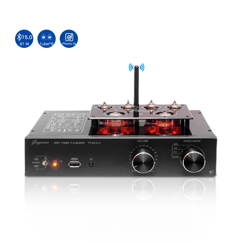 AOSIBAO TFSA6.0 Class A Bluetooth Tube Preamplifier 6H2N×2+6K4×4+AC6925 Support MM/MC Phono U Disk Car For Home Theater System
