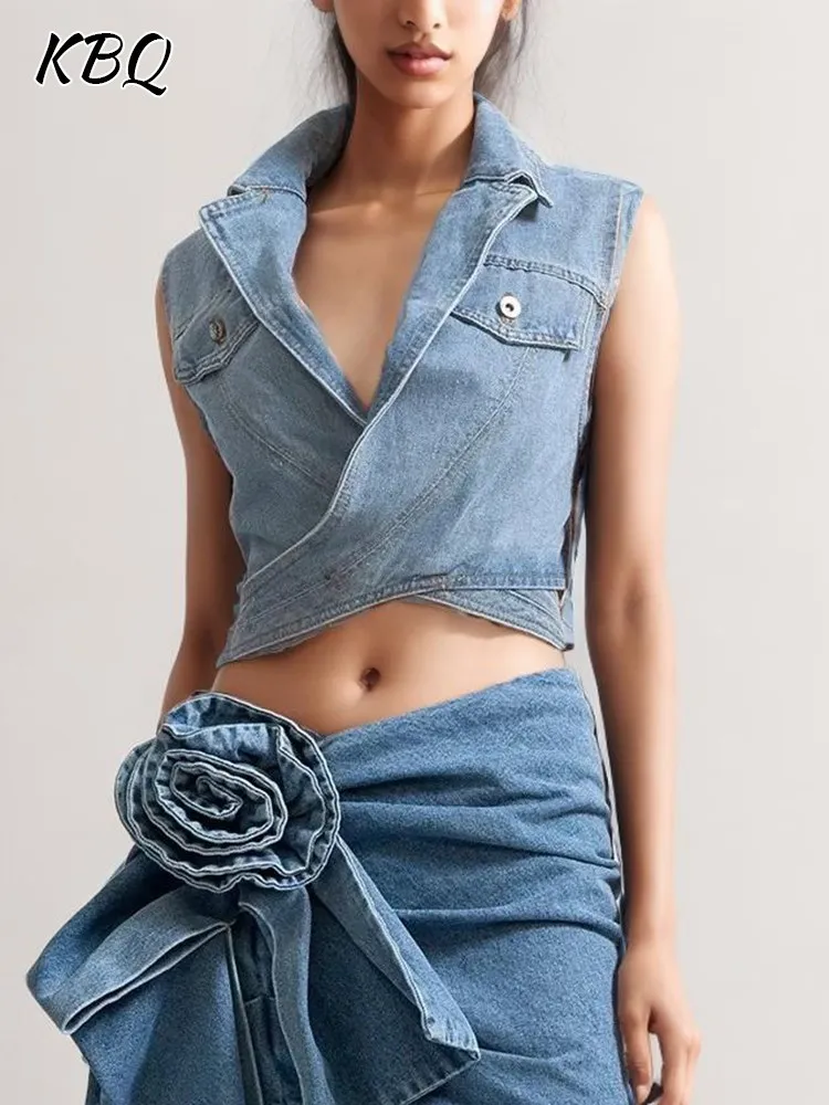 KBQ Spliced Lace Up Irregular Coats For Women Lapel Sleeveless Patchwork Mock Pockets Hollow Out Casual Coat Female Fashion New 2023 women s casual pockets button jumpsuits spring summer sleeveless suspenders overalls female cotton hemp solid outfits woman