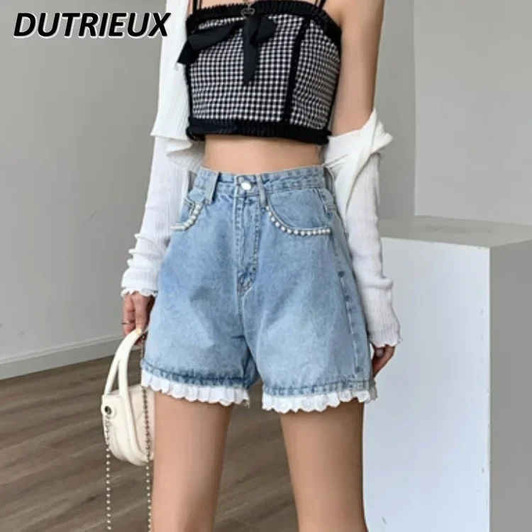 Design Sense Niche Stitching Lace Ruffled High Waist Denim Shorts Women's Summer 2024 New Loose Sweet Wide Leg Short Pants