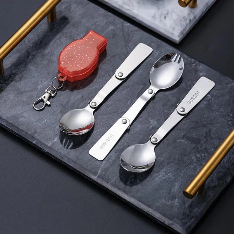 304 Stainless Steel Folding Spoon Outdoor Portable Foldable Reusable Forks Travelling Spoon Case Camping Tableware Kitchen Tools camping cutlery portable tableware portable cutlery titanium tableware