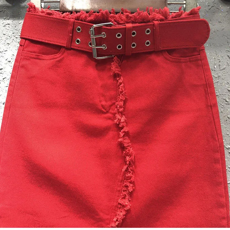 2022 Spring Summer Casual Women Lady Red Black Green High Waisted Tassel Stretch Pencil Denim Skirt Womens Elastic Jeans Skirts black pencil skirt