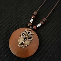 Vintage Wooden Pendant Necklace with Ethnic Chain and Clock Accent (Owl)