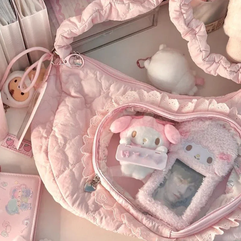 Pink Cute Womens Shoulder Bag Pleated Love Heart Lolita Jk Ita Bag Drawstring Ballet Style Sweet Fashion Female Handbag