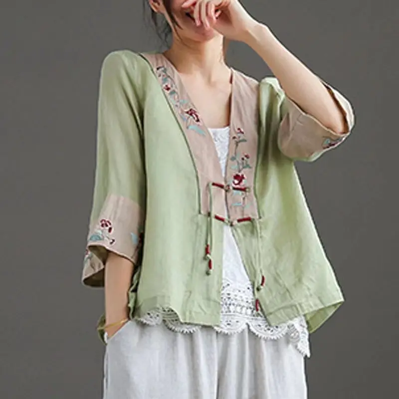 New cotton linen vintage cheongsam blouse traditional chinese tea clothing flower embroidery women hanfu oriental tang suit