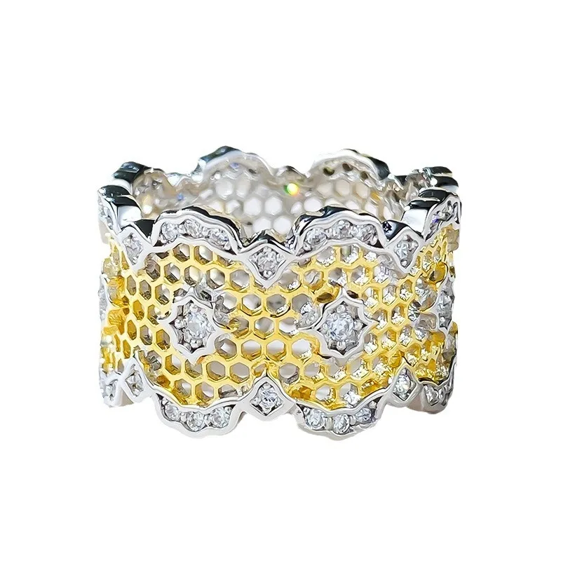 

Серебряное кольцо S925, длинное Золотое ювелирное изделие, Новое Кружевное кольцо с позолоченным полым сетчатым кольцом