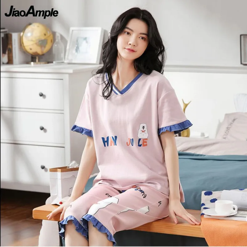 100% Cotton Pajamas 2022 Summer New Cropped Pants Pijamas Nightwear Two-piece Set Women's Thin Cartoon Sleepwear Homewear Suit