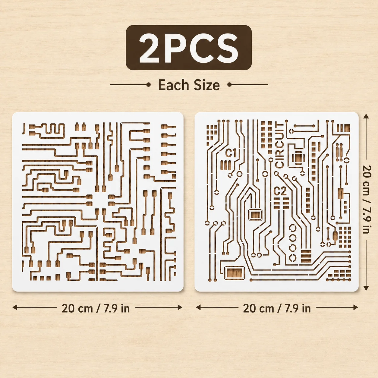 2PCS 7.9 x 7.9인치 회로 기판 스텐실 페인팅용 재사용 가능한 기술 패턴 템플릿 DIY 벽 직물 종이 장