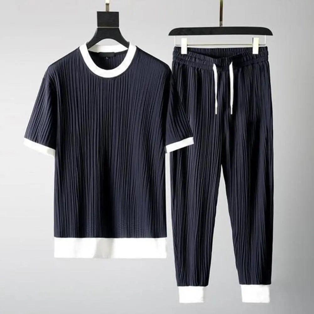 1 Set Men Suit Solid Color Pocket Colors Block Crew Neck O-Neck Stretchy Summer Male Round Neck Pleats Outfit for Office 남성의류