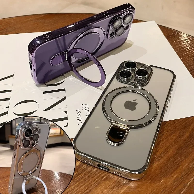 Transparent Fold Holder Phone Case with Magsafe Magnetic Cover and Glass Lens Film