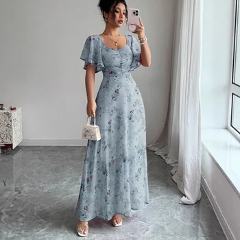 Summer New Style Women's Casual Office Dress Lotus Leaf Sleeves Printed Figure-hugging Elegant And Graceful Long Dress 1