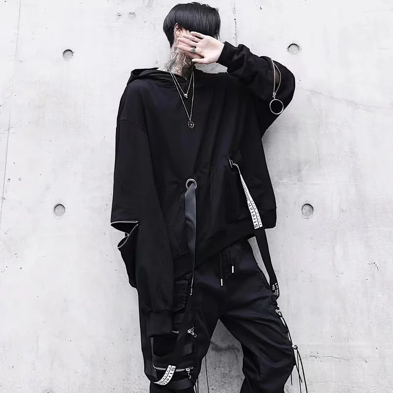Men's Sets Black Hoodies+Pants Punk Graphic Zipper Hooded Sweatshirts Cargo Pant Men Oversized Loose Streetwear Suits 2