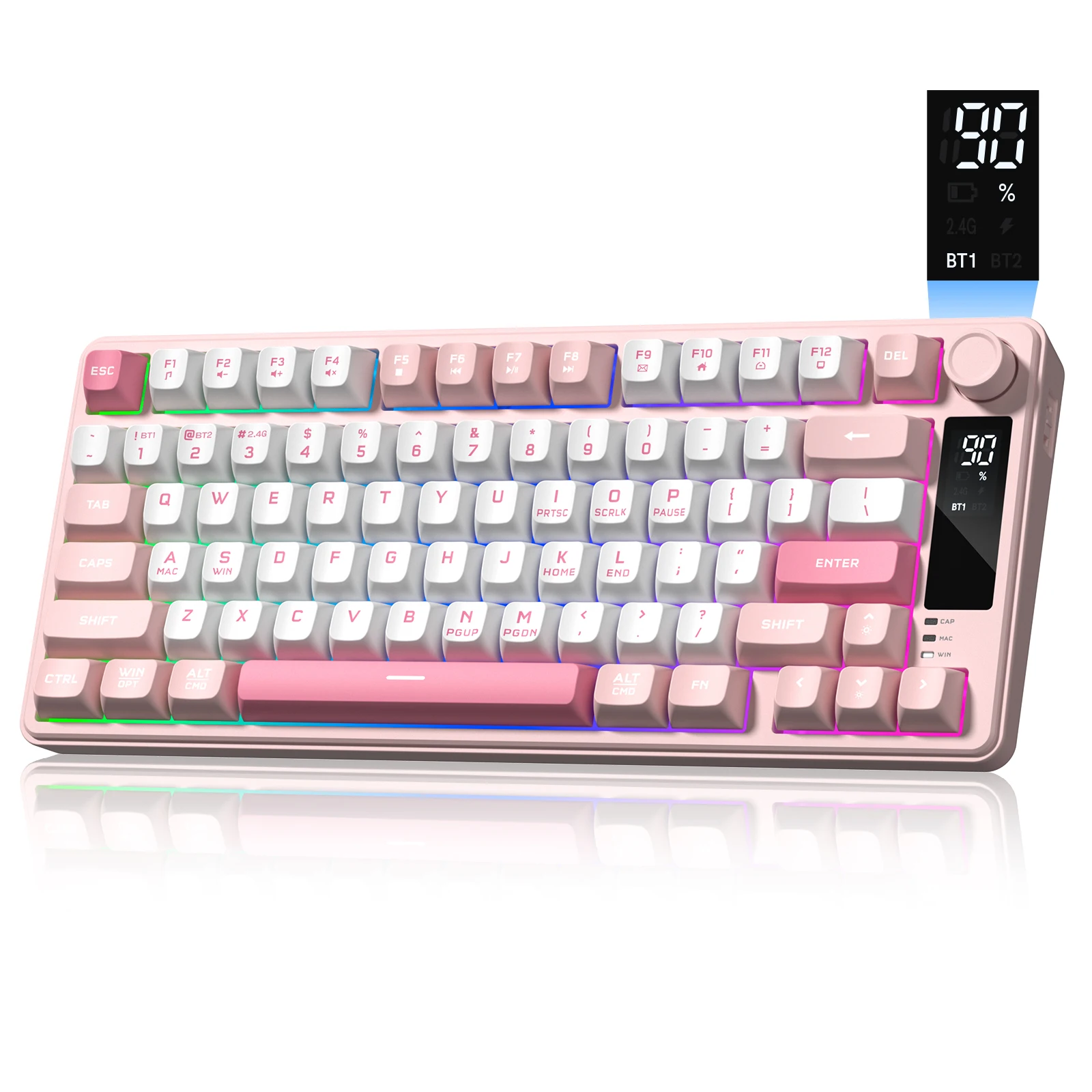 WOMIER DK75 핑크 75% 트라이 모드 무선 게이밍 키보드 OLED 디스플레이 노브 그린(볼륨 노브 포함) RGB 백라이트 PC 노트북 게이머용