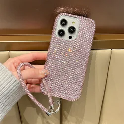 Glamorous Rhinestone Bling Phone Case with Hand Lanyard - Sparkle Glitter Shockproof Design - iPhone 15 Plus (Pink)
