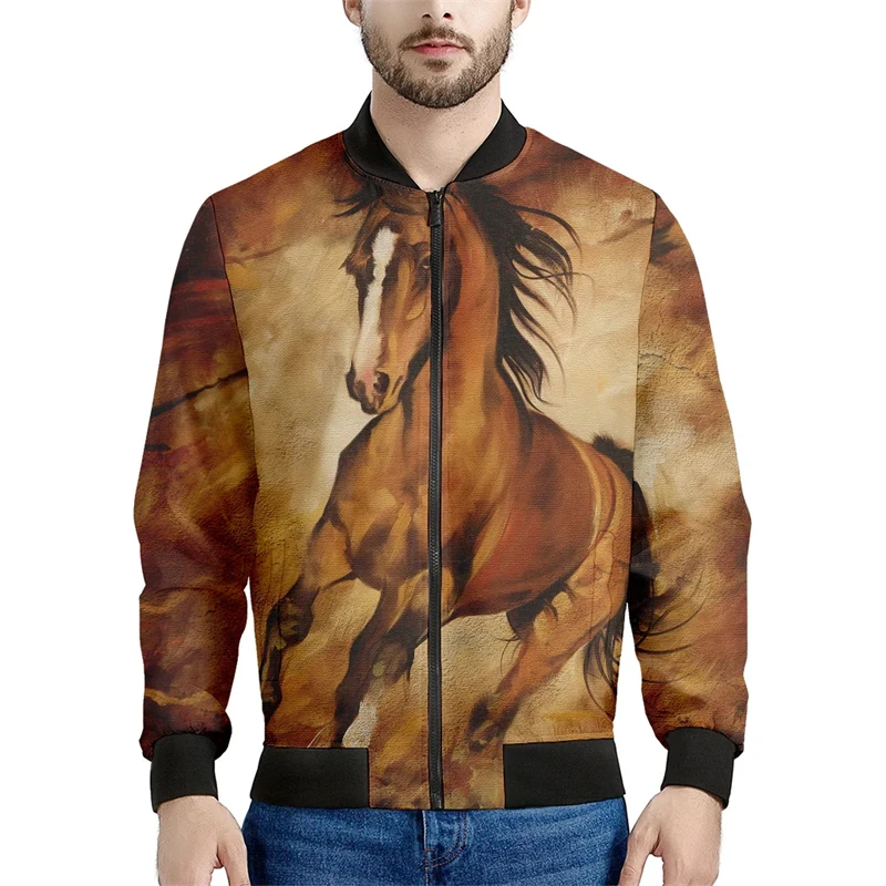 thumbnail image 1 of Nuevo abrigo para hombre con estampado 3D de caballos, chaqueta de calle de moda de manga larga, chaqueta de vuelo informal, chaqueta de cuello alto para exteriores, 1 of 4