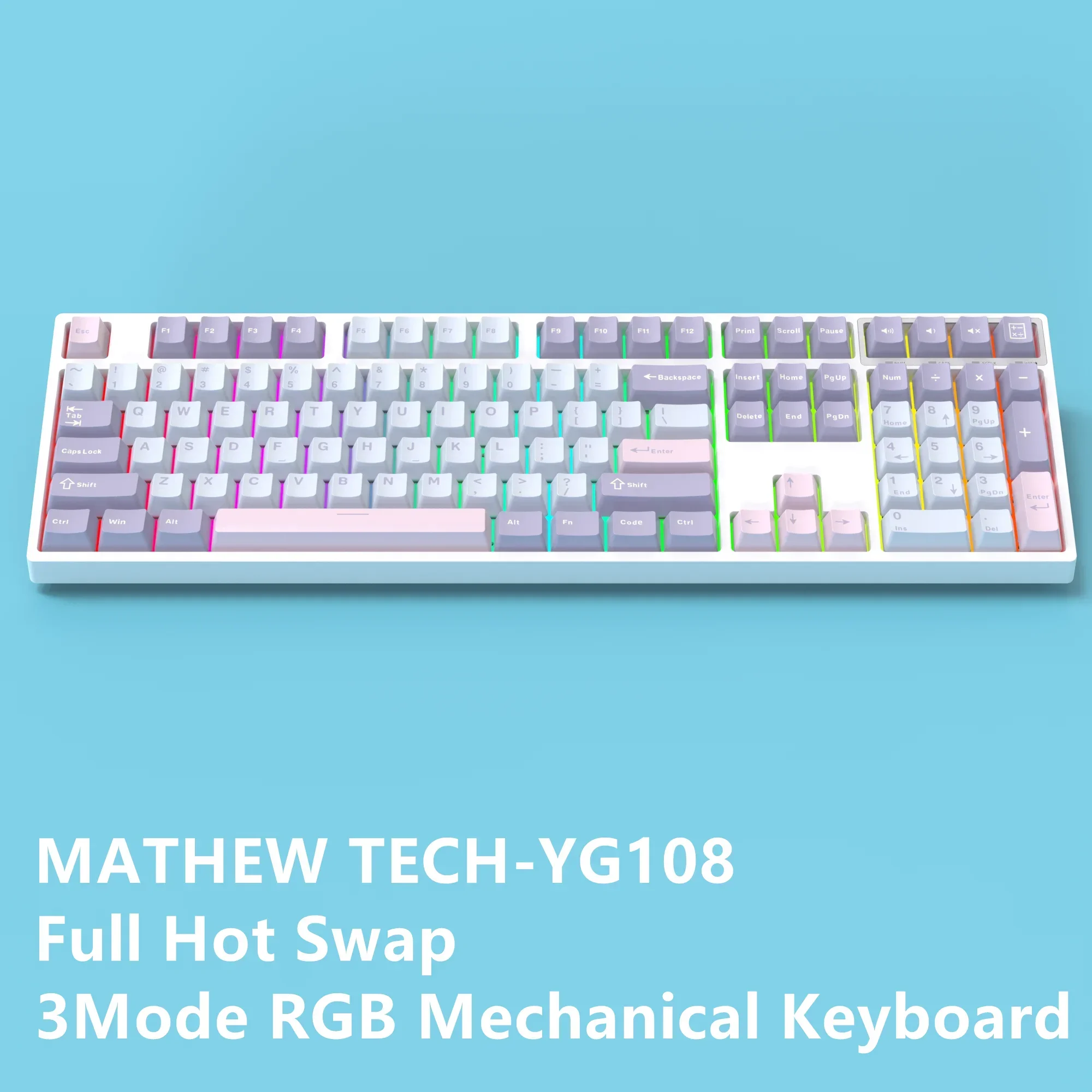 

MATHEW TECH YG108 механическая клавиатура 100% 108 клавиши 3 режима RGB механическая клавиатура беспроводная пользовательская с нумератором