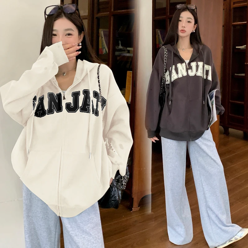 Autumn and Winter Pregnant Women's Cardigans with Hats Letters Casual Loose Oversized Jackets