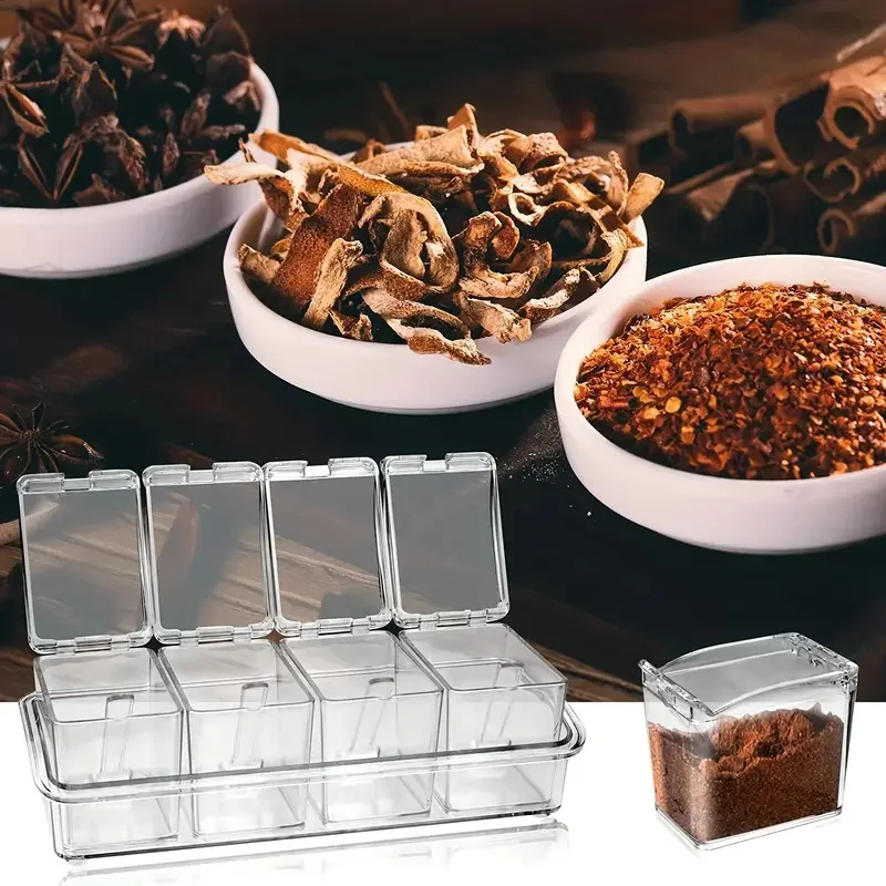 

1 Set 4 In1 Transparent Seasoning Box Storage Containers With Lid And Spoon Spice Salt Sugar Condiment Jars Kitchen Accessaries