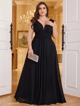 UNITHORSE Recycled Fabric Plus Size Elegant Solid Deep V-Neck Front Pleated Flared Dress, Earth-Friendly Women's Dress