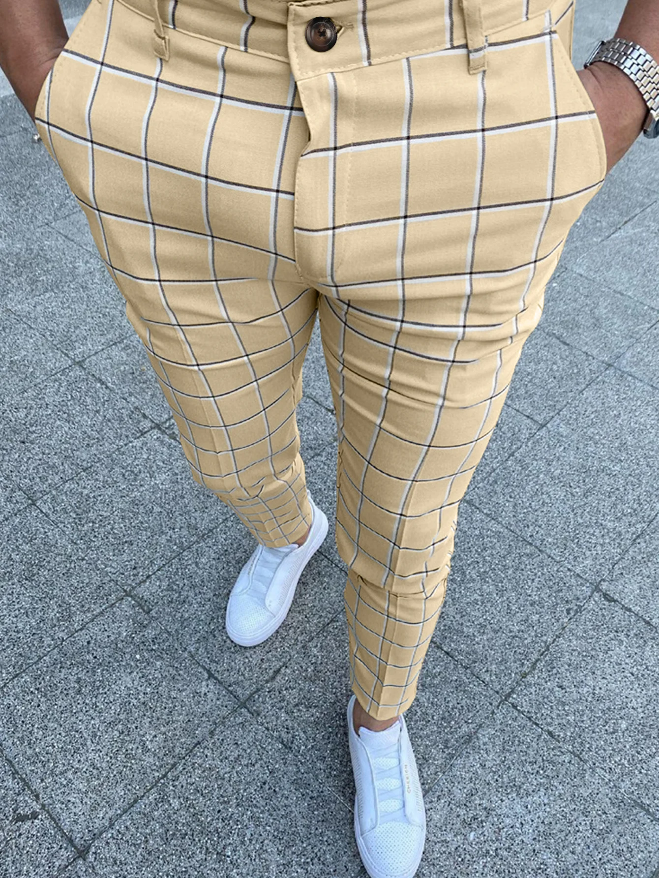 Men Slim Fit Plaid/Printed Checkered Pants/Stretch Casual Work