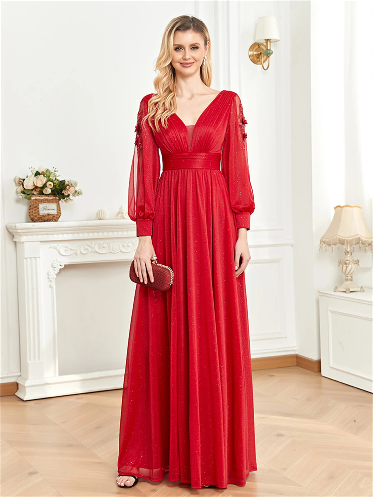 

Long Sleeves Sparkle Bling Bling Glitters Floor Length Split Tulle Party Evening Dress Backless Red Weedding Dress