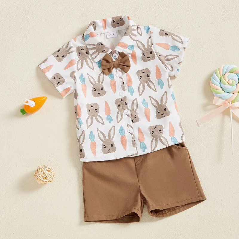 Toddler Baby Boys Easter Outfits Bunny Carrot Pattern Turn Down Collar Short Sleeve Shirt with Shorts 2 Pcs Set for Summer