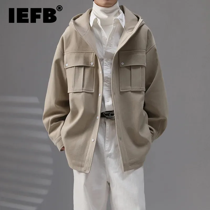 

IEFB Trend Men's Hooded Woolen Coat Loose Short Wool Jacket Trench Fashion Male Safari Style Casual Outerwwear Autumn New 9C2592