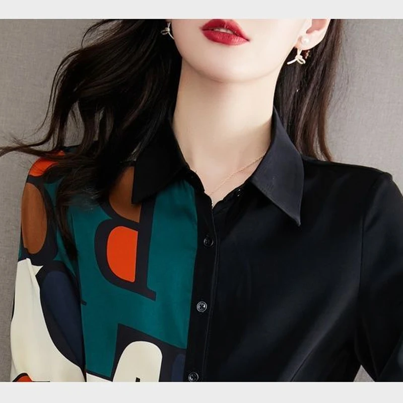 Spring Long Sleeve POLO Collar Black Printing Tops Women Elegant Single Breasted Shirt French Style High-end Women's Clothing