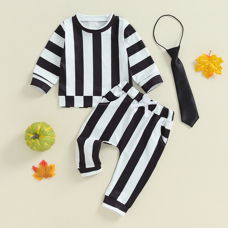 0-4Y Toddler Baby Halloween Costume 3Pcs Kid Cosplay Clothes Sets Black and White Stripe Long Sleeve Shirts Elastic Pant Necktie