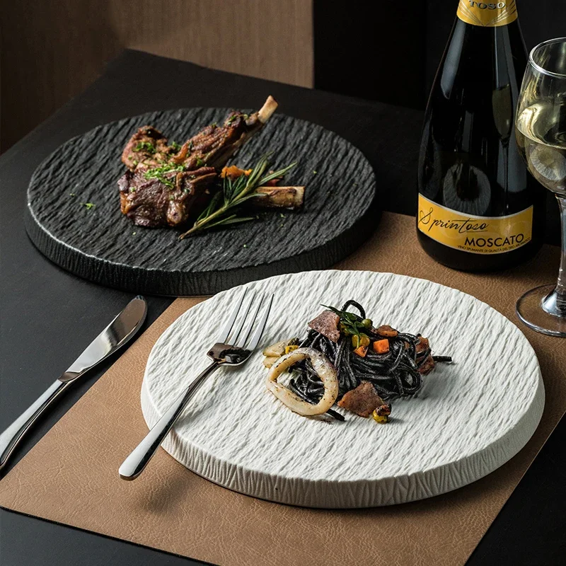 Dining Dish Creative Western Tableware Ceramic Round Steak Pasta Plate Kitchen Utensils Fine Cooking Dishes Black Stone Grain Flat Plate