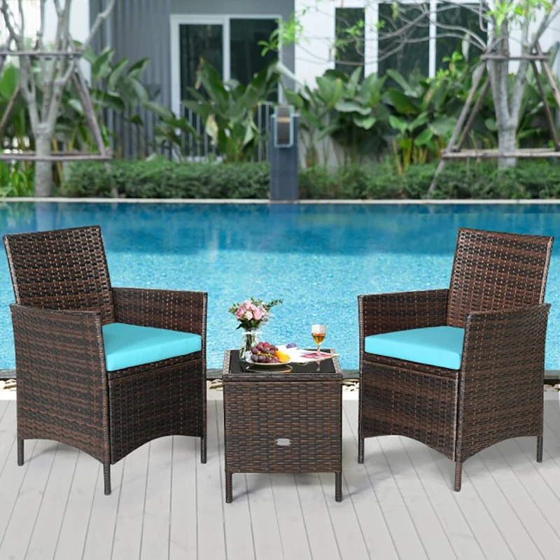 

3 Pcs Patio Rattan Furniture Set Cushioned Sofa and Glass Tabletop Deck Coffee Table for Living Room Garden