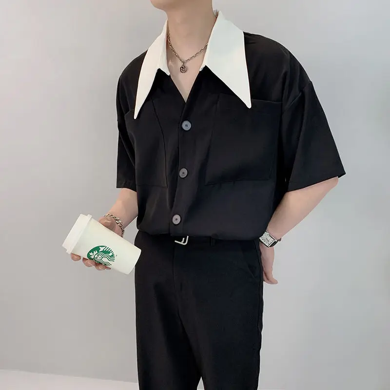 

Net Celebrity Black White Splice Shirt Men Women Streetwear Fashion Vintage Loose Casual Short Sleeve Commute Shirt Male Shirt