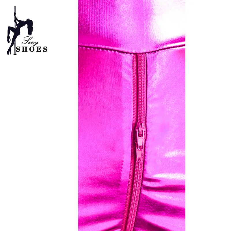 Bright PU leather High Waisted Leggings Nightclub Performances Stage Women's Pants Personalized Double Zipper Open Crotch Pants