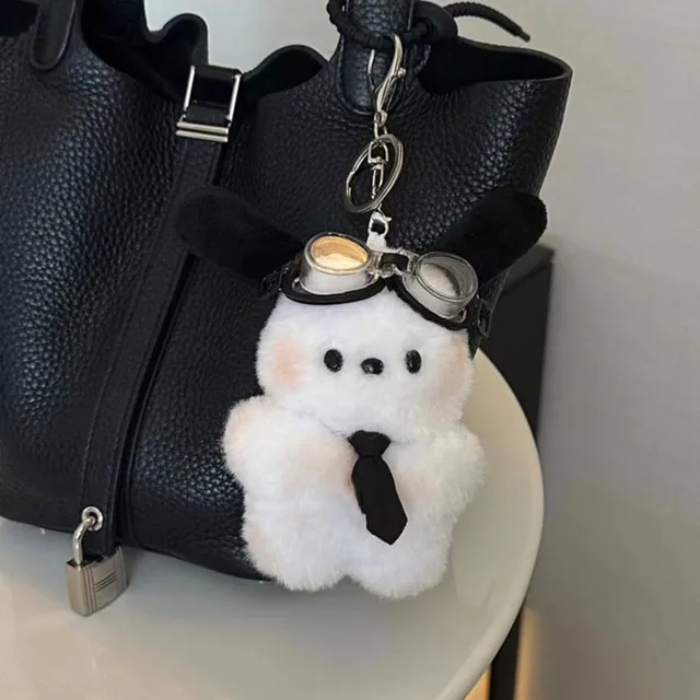 Kawaii Pilot Dog Keychains Plushies Sanrio Keychain Cute Pochacco Bow Keyring Car Mirror Decoration Bag Pendant Christmas Gift 4