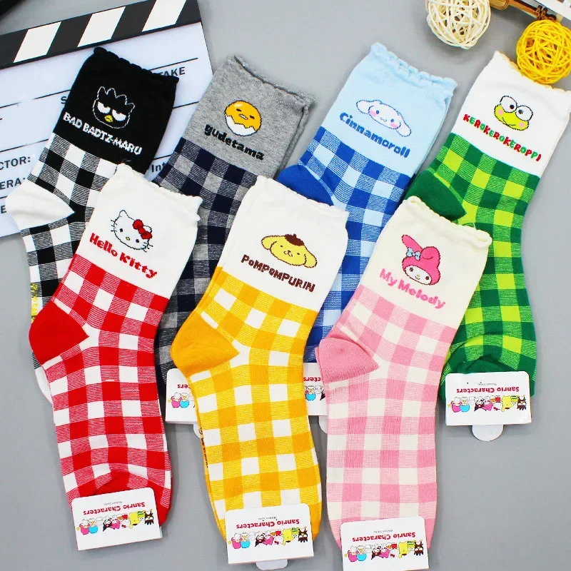 

New Hellokitty Kuromi Socks Kawaii Women Anime Cartoon Sanrio Sweat-Absorbent Breathable Plaid Mid-Calf Socks Christmas Gifts